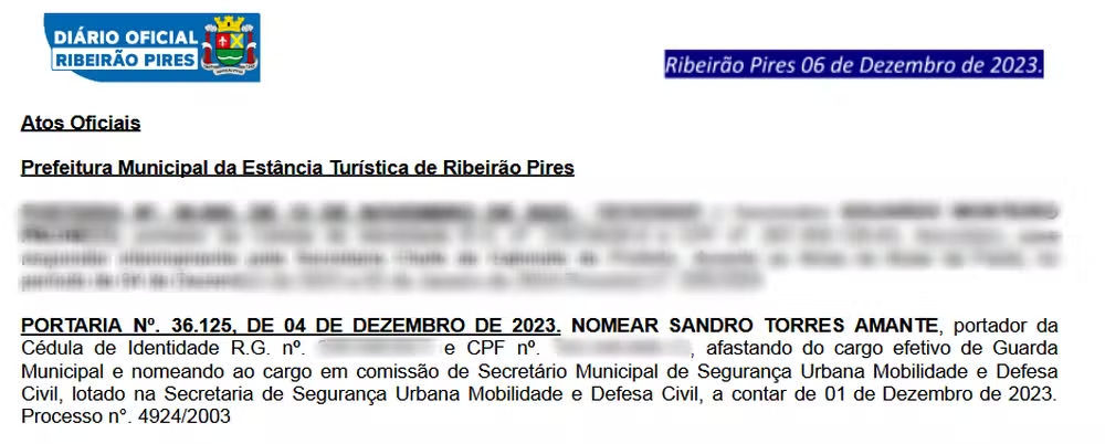 Ato de nomeação de Sandro Torres Amante como chefe da pasta de Segurança de Ribeirão Pires
