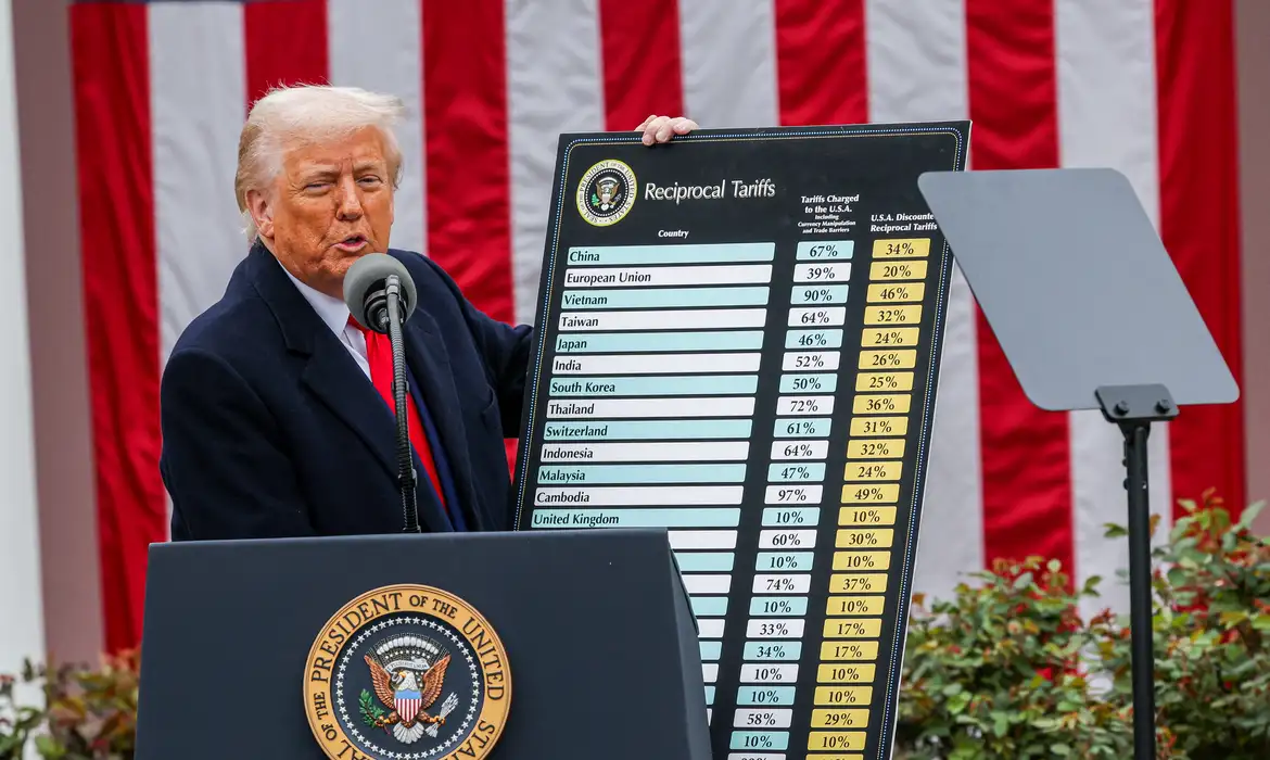 Donald Trump, presidente dos Estados Unidos, segurando tabela do Tarifaço e falando