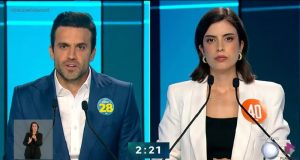Montagem de duas fotos de Pablo Marçal (PRTB) e a deputada federal Tabata Amaral (PSB) em debate