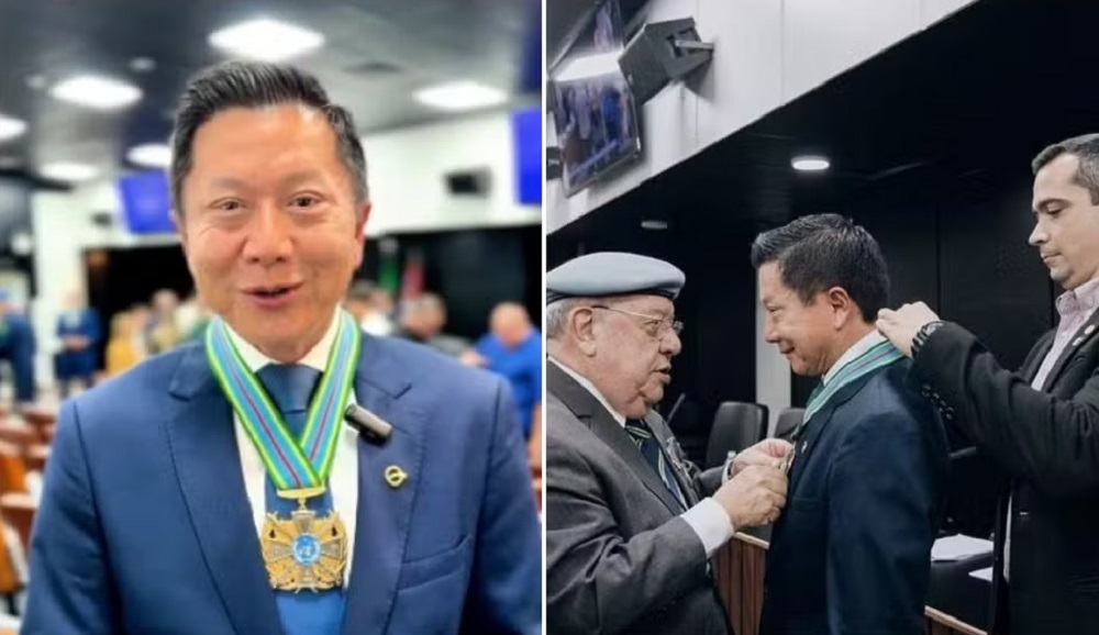 Montagem de duas fotos de Milton Seigi Hayashi, sozinho e acompanhado, em evento na Alesp