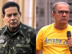 Montagem de duas fotos do senador e general da reserva Hamilton Mourão (Republicanos-RS) e o pastor Silas Malafaia, ambos sérios, sem olhar para a câmera