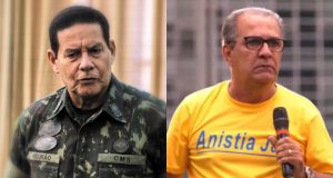 Montagem de duas fotos do senador e general da reserva Hamilton Mourão (Republicanos-RS) e o pastor Silas Malafaia, ambos sérios, sem olhar para a câmera