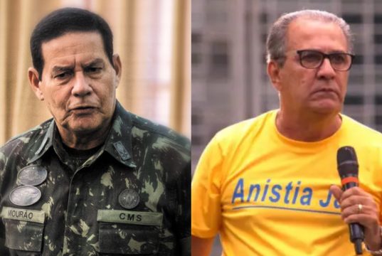 Montagem de duas fotos do senador e general da reserva Hamilton Mourão (Republicanos-RS) e o pastor Silas Malafaia, ambos sérios, sem olhar para a câmera