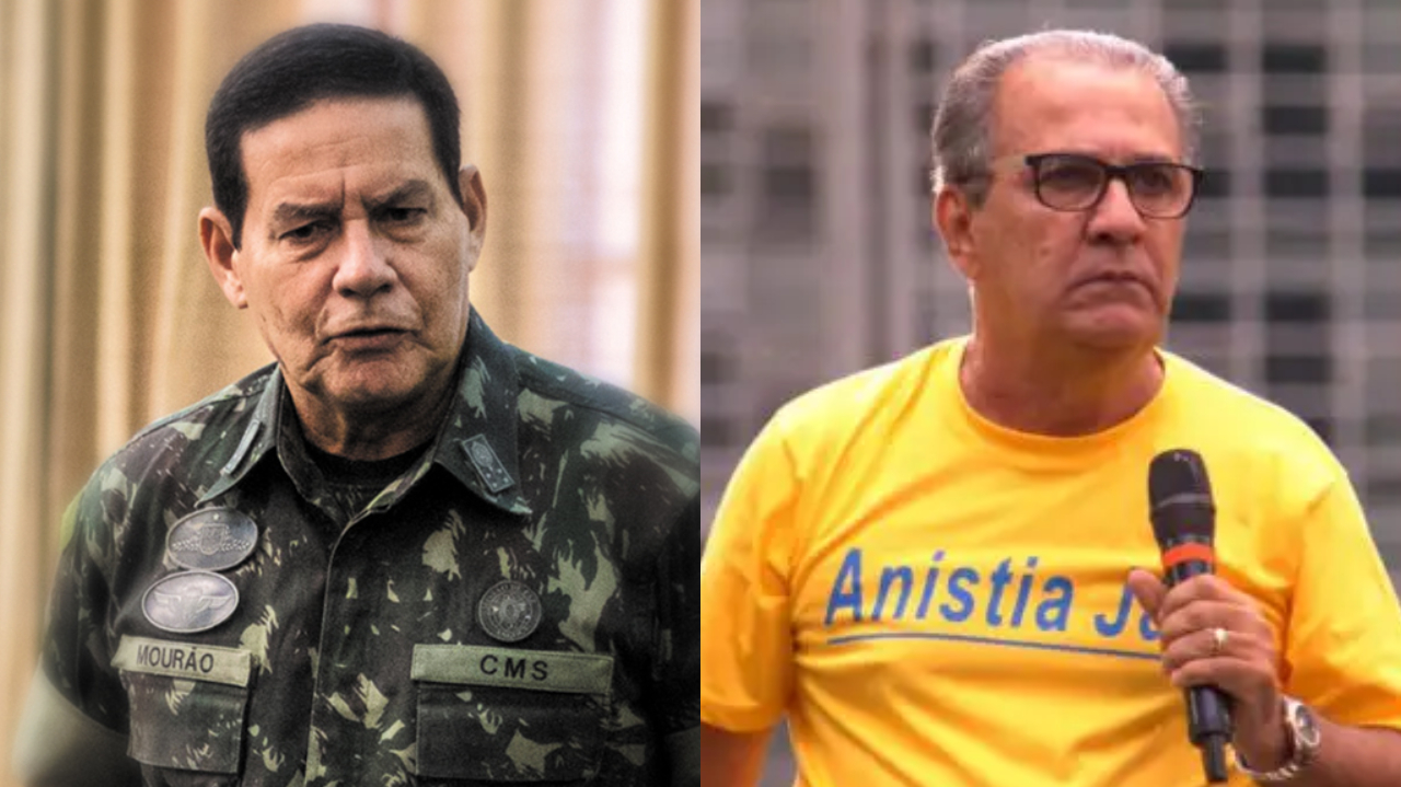 Montagem de duas fotos do senador e general da reserva Hamilton Mourão (Republicanos-RS) e o pastor Silas Malafaia, ambos sérios, sem olhar para a câmera