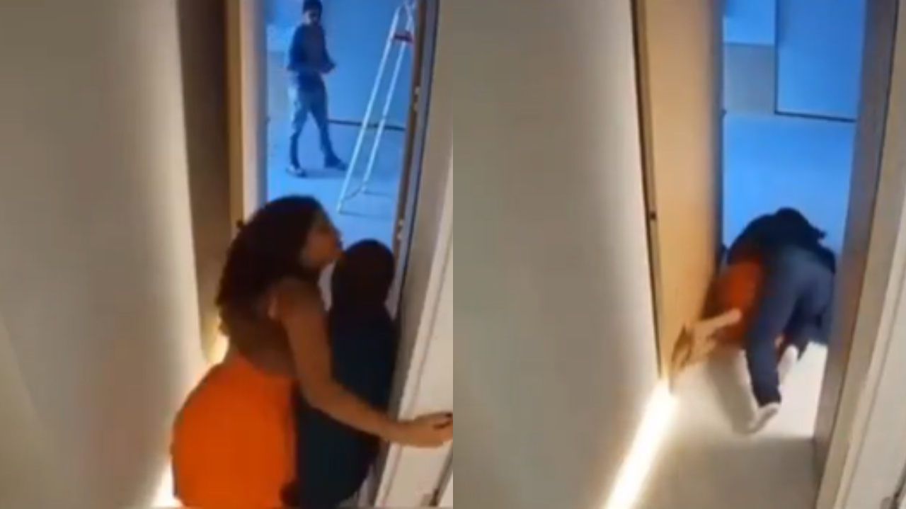 Montagem de duas fotos de João Neto agredindo companheira