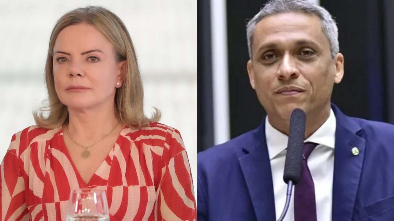 Montagem de duas fotos de ministra de Relações Institucionais, Gleisi Hoffmann, e o deputado federal Gustavo Gayer (PL-GO)