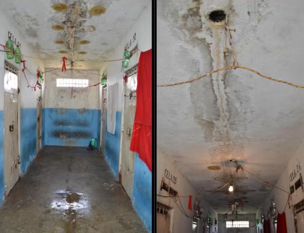 Montagem de duas fotos do interior da Penitenciária Baldomero Cavalcante