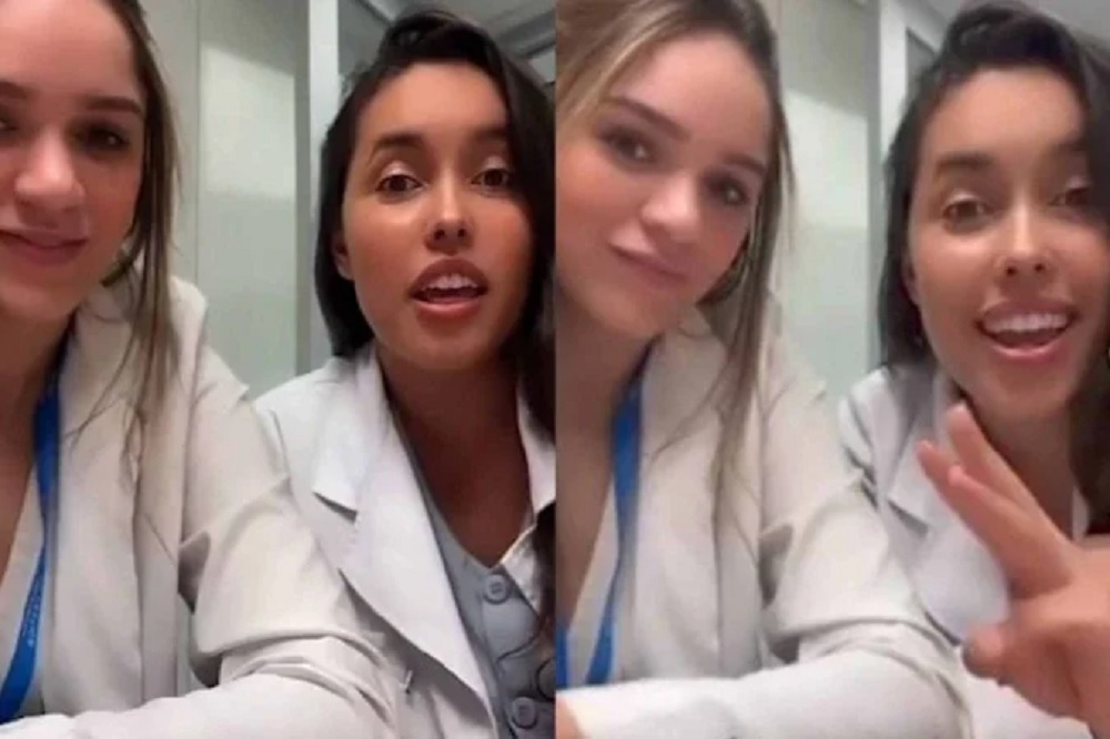Montagem de duas fotos de Gabrielli Farias de Souza e Thaís Caldeira Soares Foffano falando para a câmera, de jalecos brancos e cabelos soltos