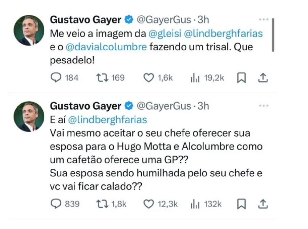 Prints de postagens de Gustavo Gayer sobre Gleisi Hoffmann no X/Twitter