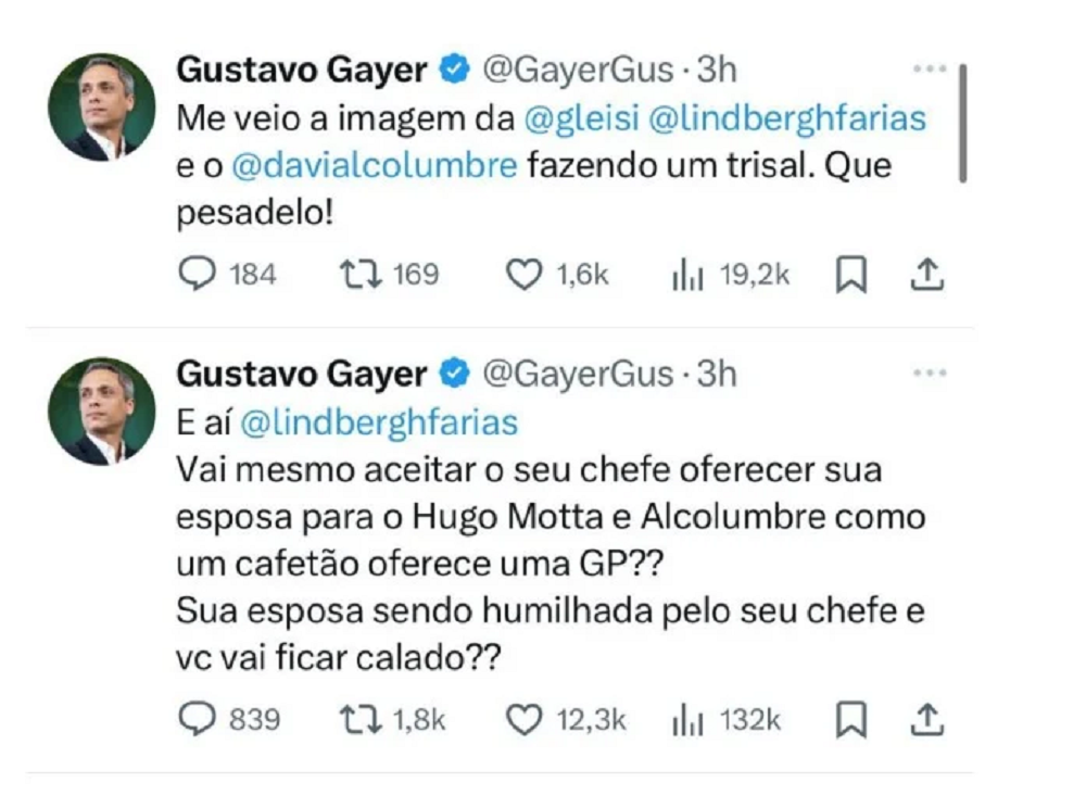 Print de dois tweets de Gustavo Gayer sobre Gleisi Hoffmann