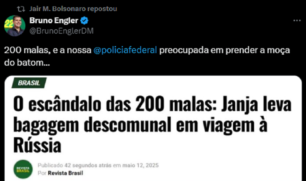 Print de Jair Bolsonaro compartilhando matéria sobre Janja