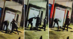 Montagem de três fotos de policiais militares espancando homem
