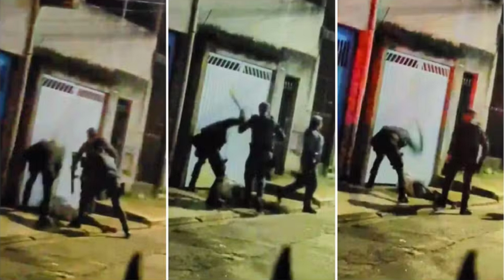 Montagem de três fotos de policiais militares espancando homem