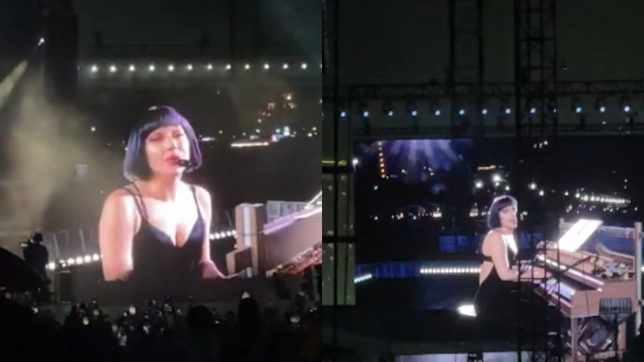 Montagem de duas fotos de Lady Gaga cantando e tocando piano em palco montado na praia de Copacabana