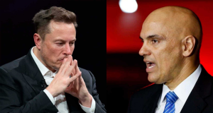Montagem de fotos do empresário Elon Musk e o ministro Alexandre de Moraes, ambos olhando para lados contrários, sérios, sem olhar para a câmera