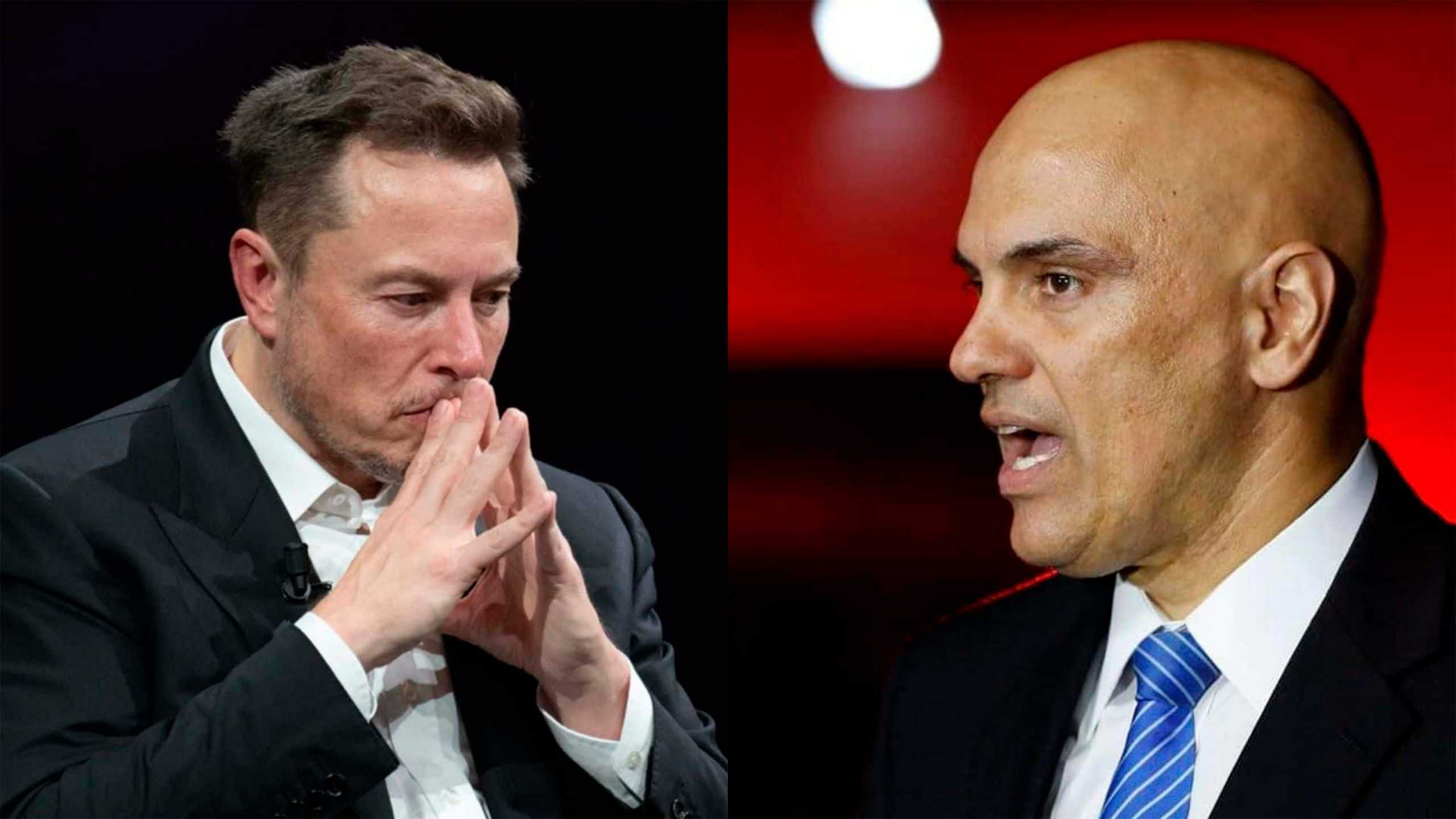 Montagem de fotos do empresário Elon Musk e o ministro Alexandre de Moraes, ambos olhando para lados contrários, sérios, sem olhar para a câmera