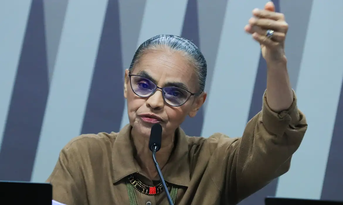 A ministra Marina Silva de cabelo preso, óculos e roupa marrom, falando e gesticulando