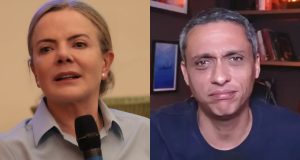 Montagem de fotos de Gleisi Hoffmann falando e Gustavo Gayer com cara de choro