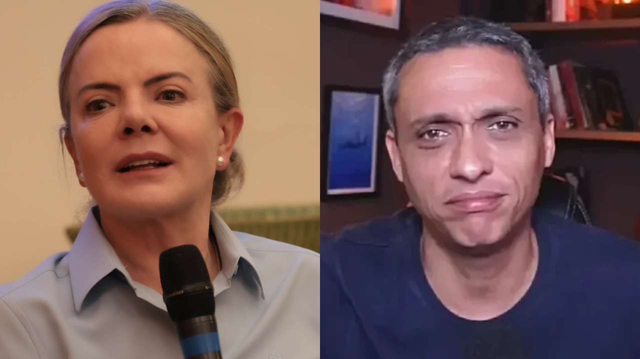 Montagem de fotos de Gleisi Hoffmann falando e Gustavo Gayer com cara de choro