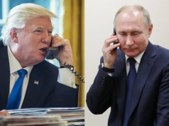 O presidente dos Estados Unidos, Donald Trump, e o presidente da Rússia, Vladimir Putin, falando ao telefone, em montagem de duas fotos