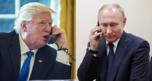 O presidente dos Estados Unidos, Donald Trump, e o presidente da Rússia, Vladimir Putin, falando ao telefone, em montagem de duas fotos