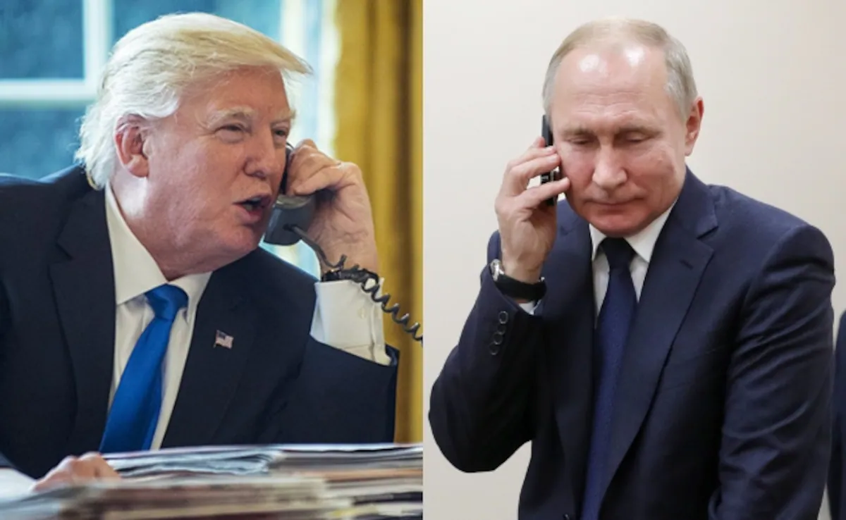 O presidente dos Estados Unidos, Donald Trump, e o presidente da Rússia, Vladimir Putin, falando ao telefone, em montagem de duas fotos