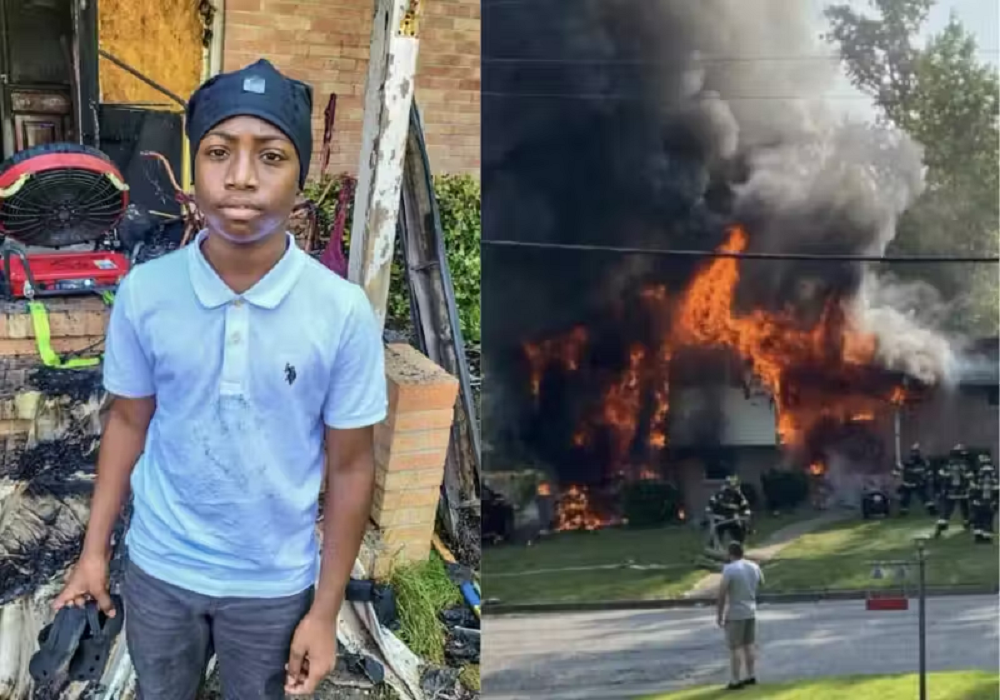 Montagem de fotos de Romir Parker e casa pegando fogo
