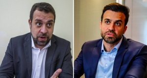 Guilherme Boulos e Pablo Marçal em duas fotos, ambos sérios