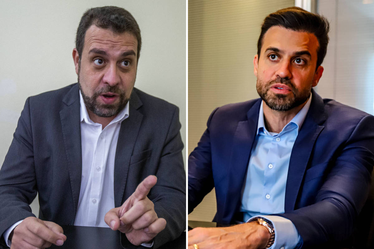 Guilherme Boulos e Pablo Marçal em duas fotos, ambos sérios