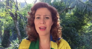 deputada federal Carla Zambelli (PL-SP) falando para a câmera, com bandeira do Brasil nas costas