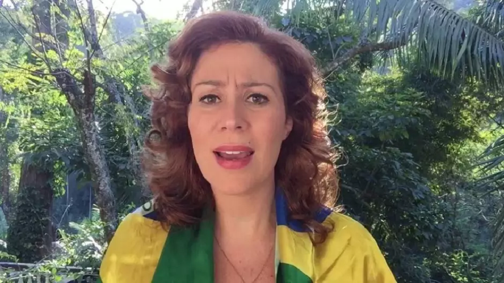 deputada federal Carla Zambelli (PL-SP) falando para a câmera, com bandeira do Brasil nas costas