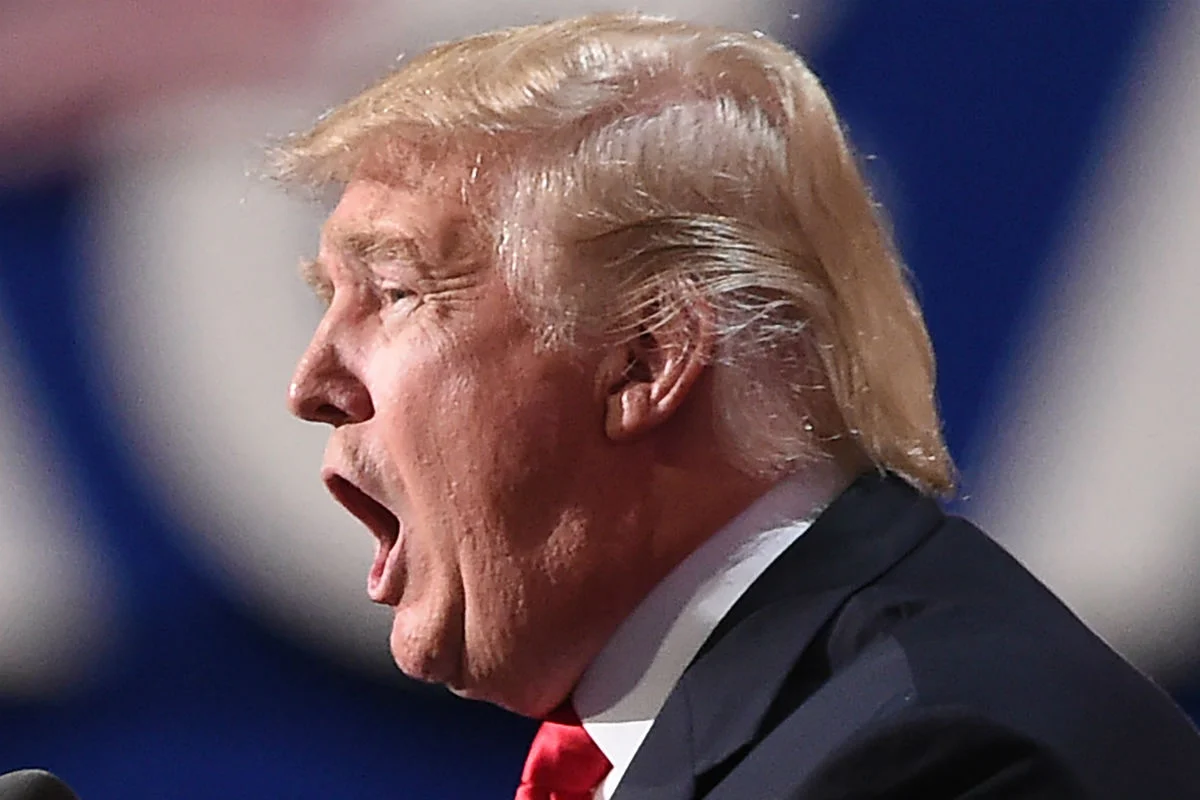 O presidente dos EUA, Donald Trump, de perfil, gritando, em close