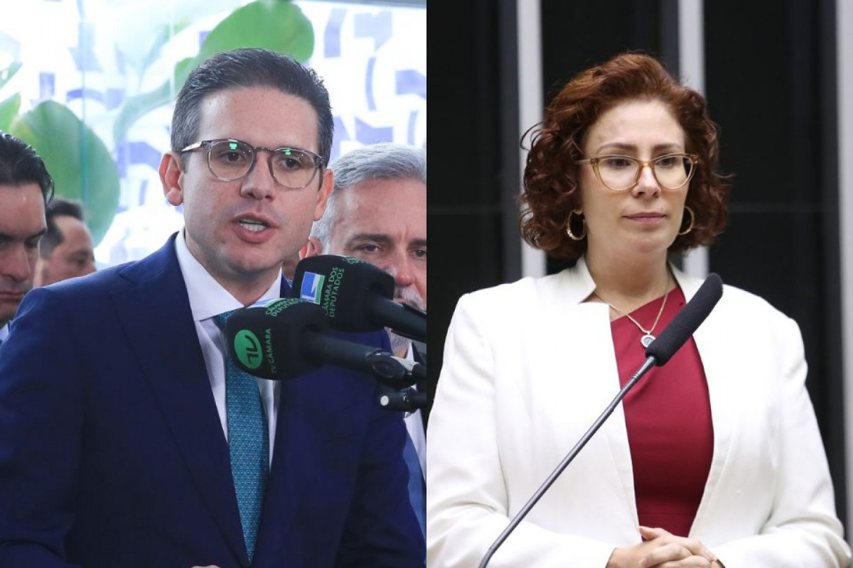 Montagem de fotos de Hugo Motta falando e Carla Zambelli séria