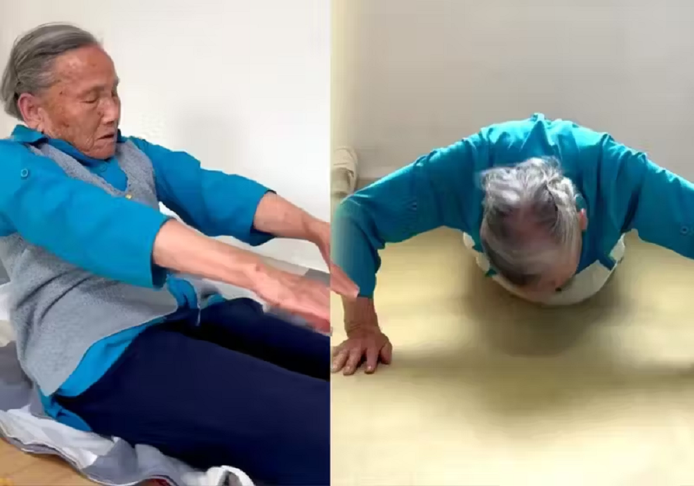 Montagem de duas fotos dA chinesa Li se exercitando