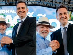 Montagem de duas fotos de Lula sorrindo ao lado de Pacheco
