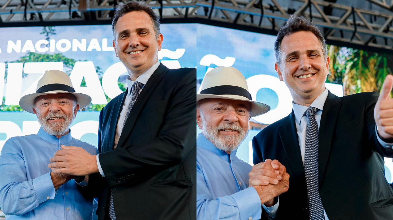 Montagem de duas fotos de Lula sorrindo ao lado de Pacheco