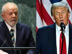 O presidente Luiz Inácio Lula da Silva (PT) e o mandatário norte-americano, Donald Trump, sérios, em montagem de duas fotos