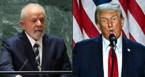 O presidente Luiz Inácio Lula da Silva (PT) e o mandatário norte-americano, Donald Trump, sérios, em montagem de duas fotos