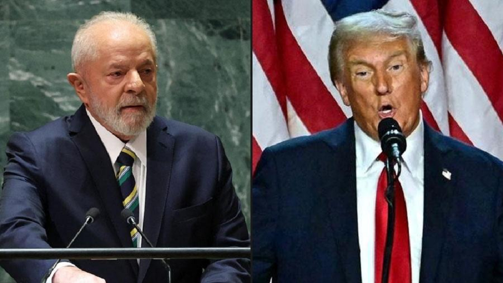 O presidente Luiz Inácio Lula da Silva (PT) e o mandatário norte-americano, Donald Trump, sérios, em montagem de duas fotos