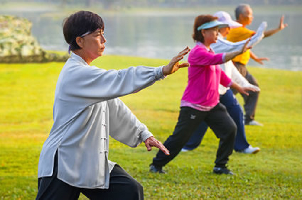 Idosos praticando Tai Chi Chuan ao ar livre