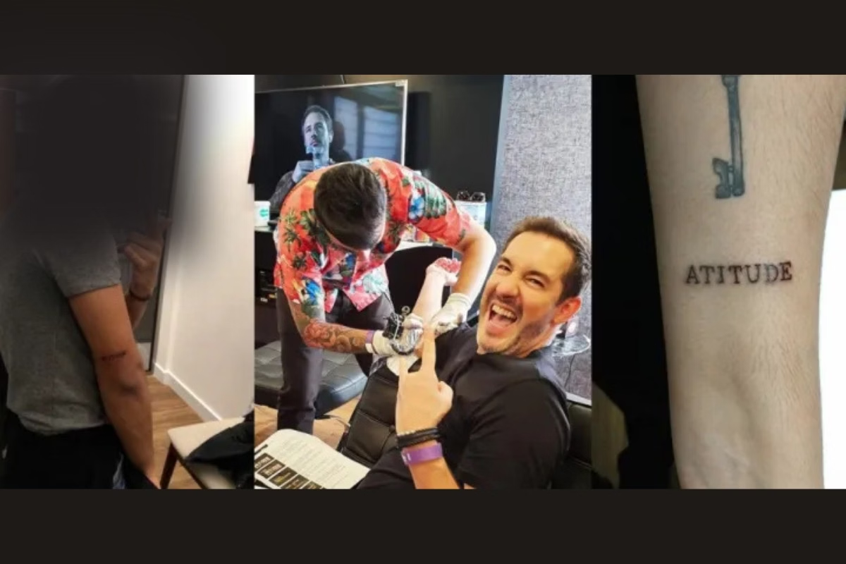 dono da Cacau Show fazendo tatuagem e braço tatuado de funcionário