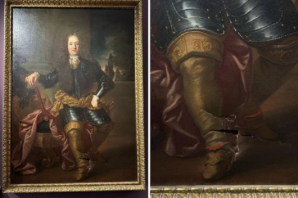 Montagem de duas fotos de pintura que retrata Ferdinando de Médici