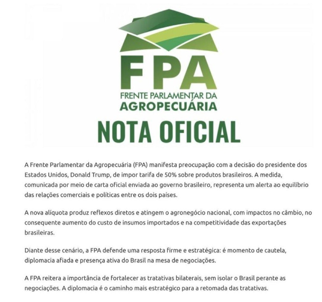 Comunicado da Frente Parlamentar da Agropecuária (FPA)