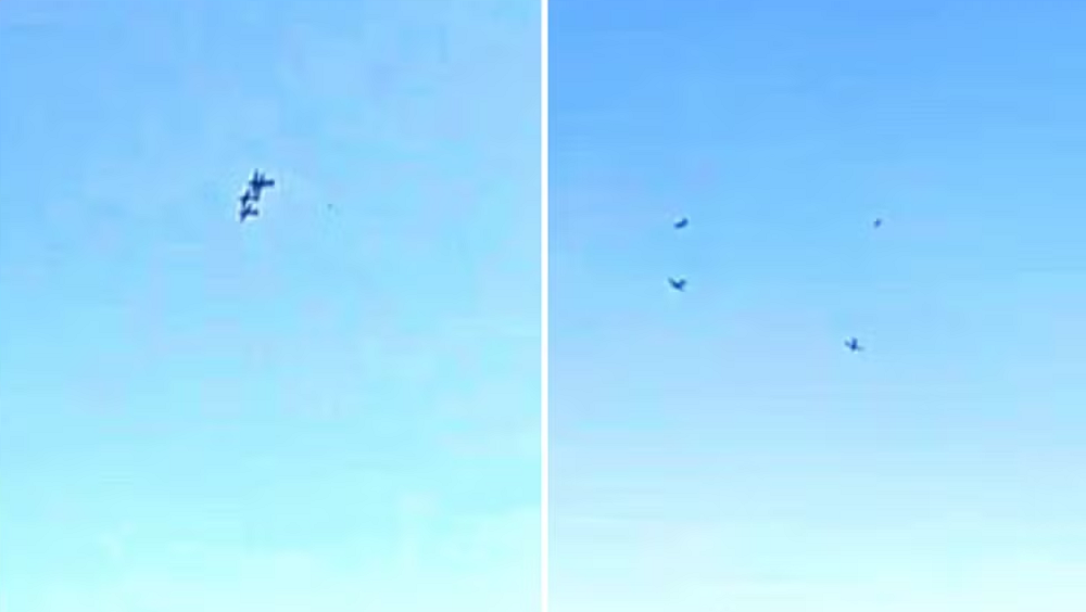Montagem de duas fotos de Registro de colisão de aeronaves da Esquadrilha da Fumaça entre Descalvado e Porto Ferreira, no interior de São Paulo