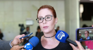 deputada federal licenciada Carla Zambelli (PL-SP) falando em microfones, séria, de óculos e cabelo preso