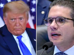 Montagem de fotos de Donald Trump e Hugo Motta