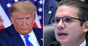 Montagem de fotos de Donald Trump e Hugo Motta