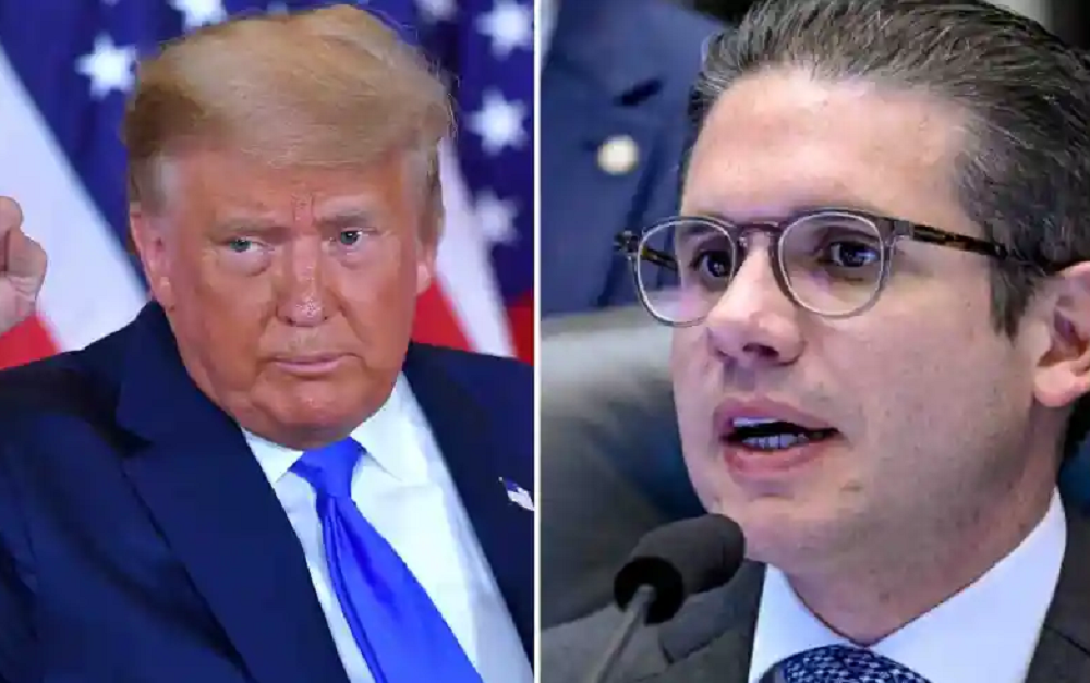 Montagem de fotos de Donald Trump e Hugo Motta