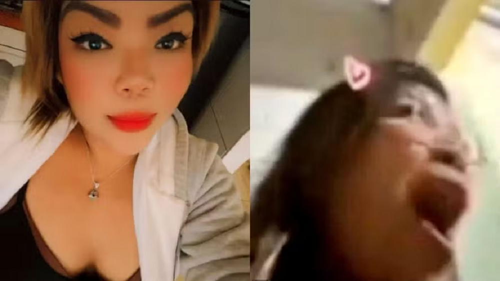 Montagem de duas fotos da influenciadora digital Keyla Andreina González Mercado, uma posando séria e a outra gritando