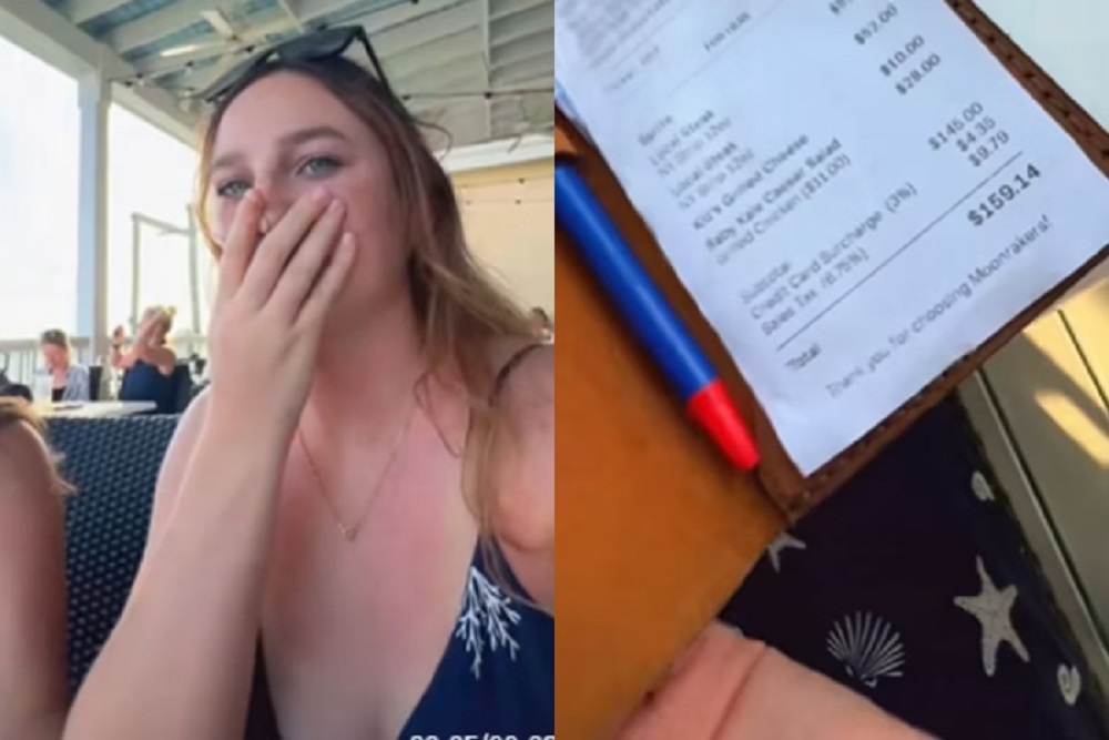 Montagem de fotos de jovem com a mão no rosto e conta de restaurante
